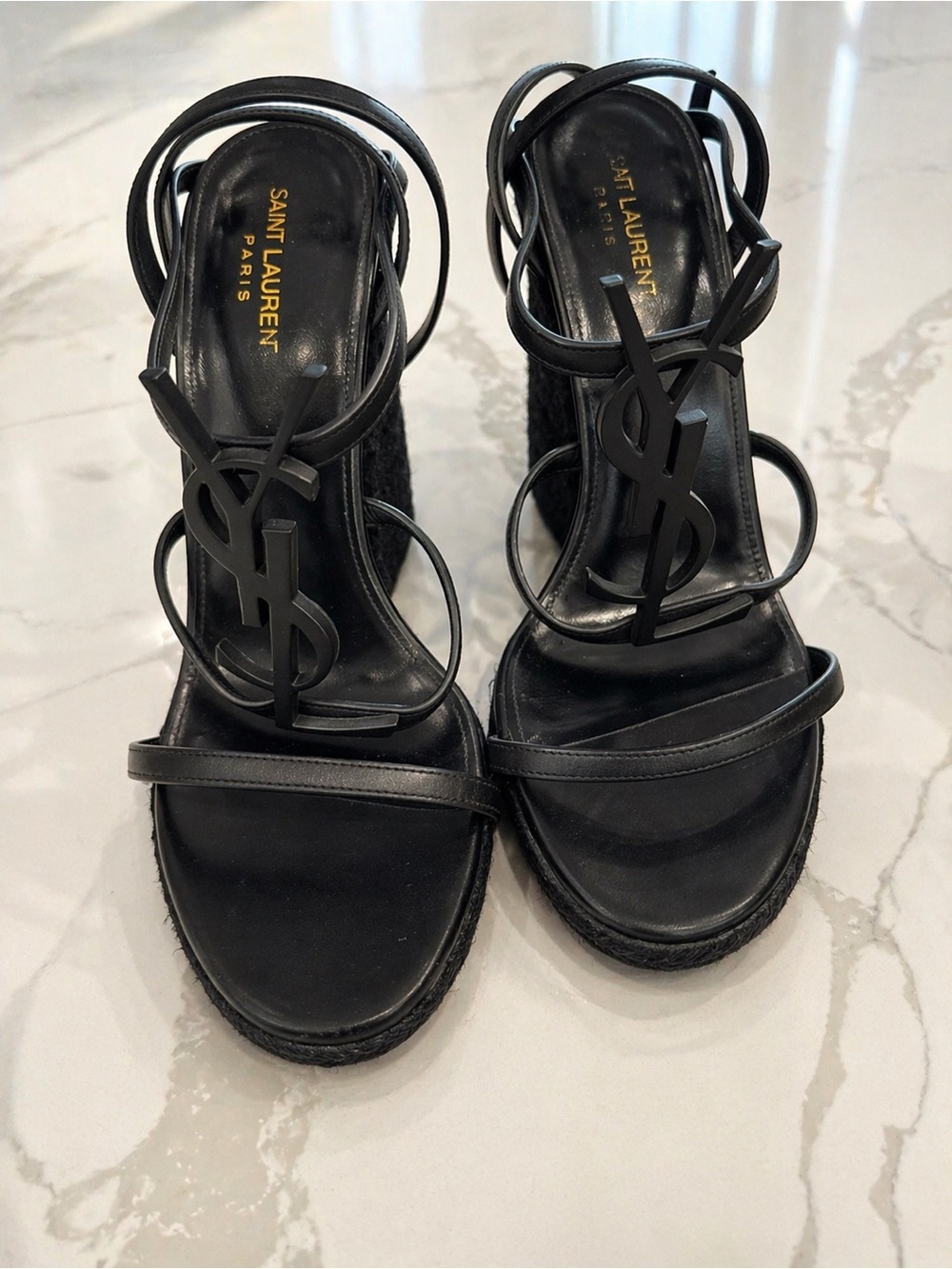 Saint Laurent Black YSL Logo Espadrille Wedge Sandals with Strappy Upper